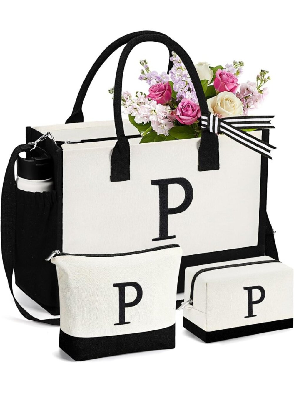 Personalized Embroidered Canvas Tote Bag & 2 Makeup Bags Set - Perfect Birthday